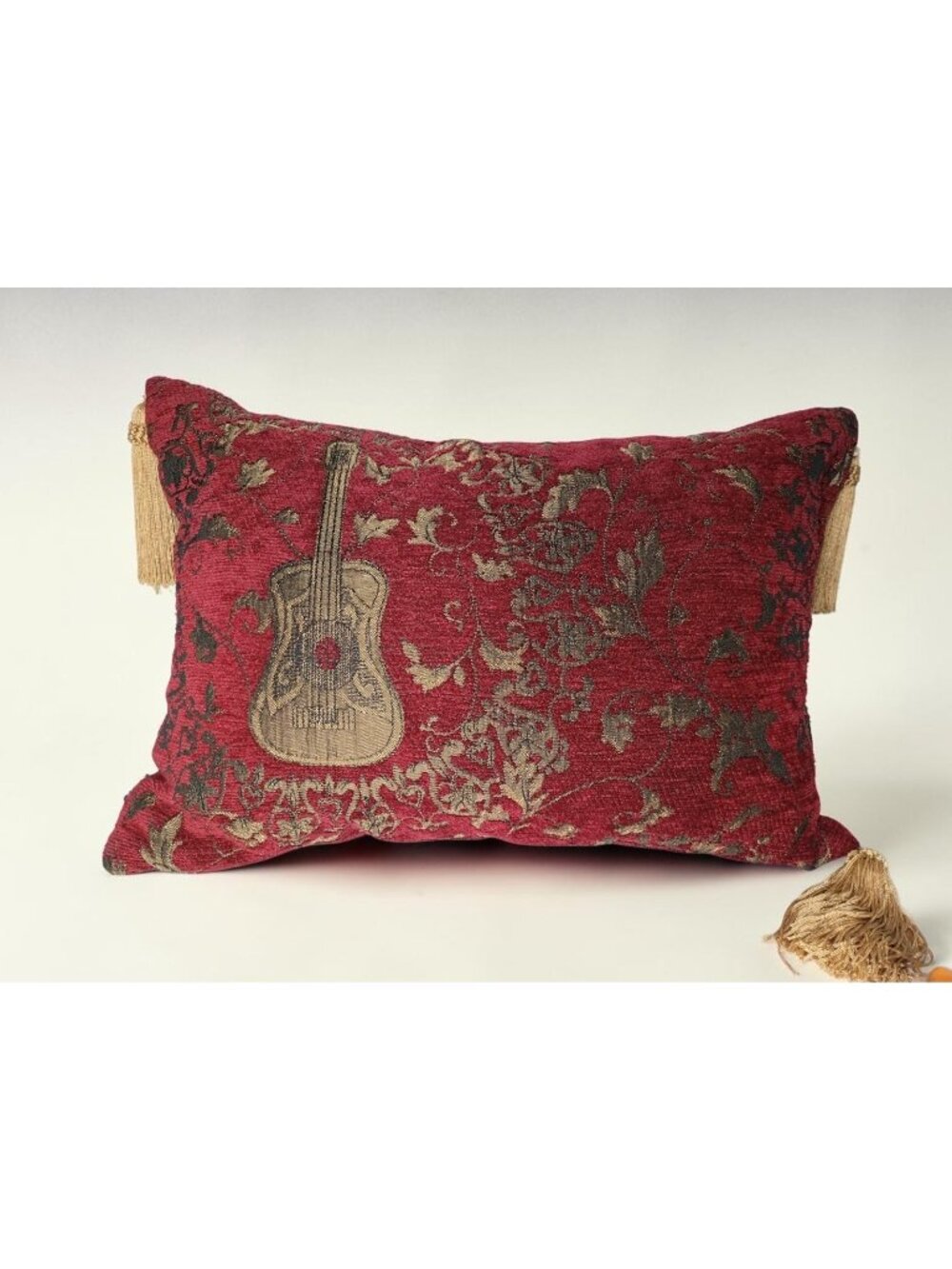 Borgata Jacquard Guitar Botanical Throw Pillow Tassels (Missing 1) Ethnic 16x11